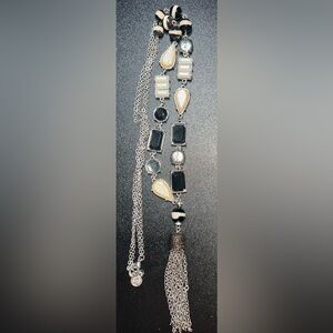 Vera Wang Silver Tone Black Cream White Cabachon Tassel Chain Pendant Necklace